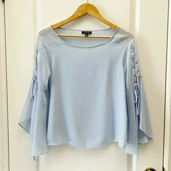 Topshop Eyelet Lace Up Fluted Sleeves Sheer Blouse Top Light Blue Size Small - Picture 5 of 16